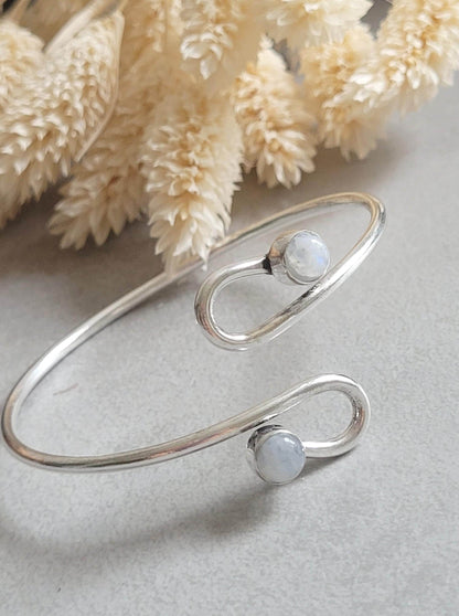 Silver Plated Double Stone Cuff Bracelet | Minimalist Boho, Hypoallergenic, Adjustable