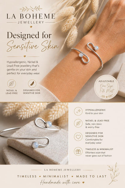 Silver Plated Double Stone Cuff Bracelet | Minimalist Boho, Hypoallergenic, Adjustable