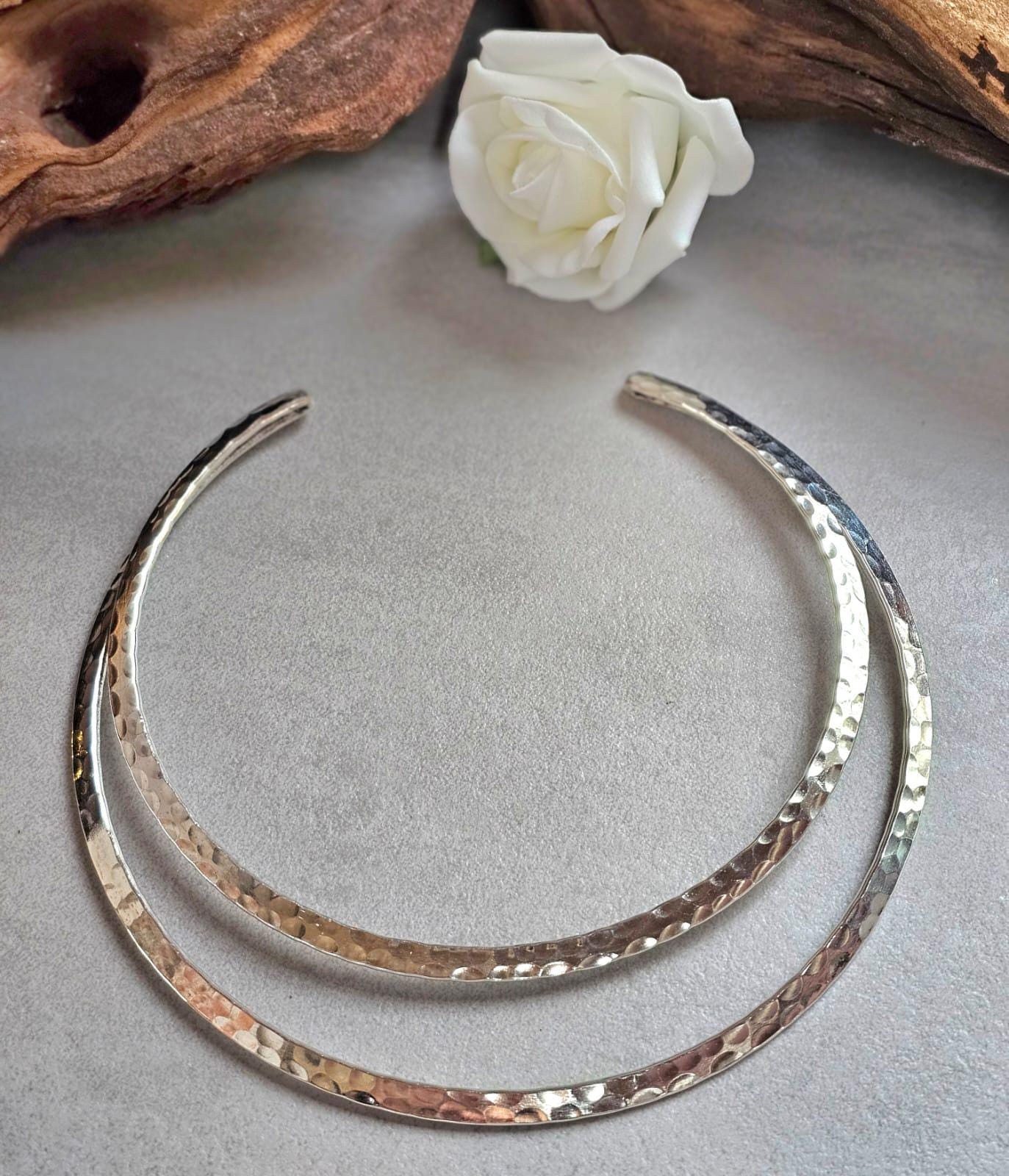 Hammered Silver Plated Choker Necklace, Layered Statement Collar, Modern Boho Jewellery