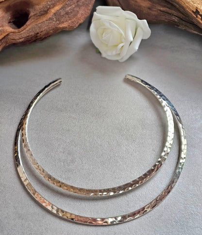 Hammered Silver Plated Choker Necklace, Layered Statement Collar, Modern Boho Jewellery