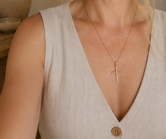 Minimalist Gold Cross Necklace | 18K Gold Plated Stainless Steel Cross Pendant | Christian Faith Necklace | Waterproof Everyday Jewellery |