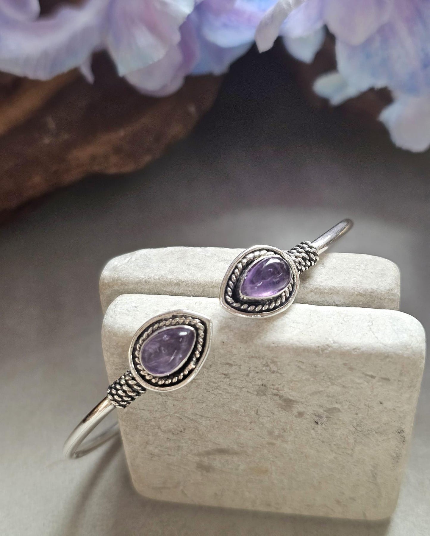 Silver Plated Purple Teardrop Bracelet, Minimalist Open Cuff Bracelet, Bridesmaid Gift, Wedding Jewellery, Adjustable Bangle for Women