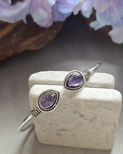 Silver Plated Purple Teardrop Bracelet, Minimalist Open Cuff Bracelet, Bridesmaid Gift, Wedding Jewellery, Adjustable Bangle for Women