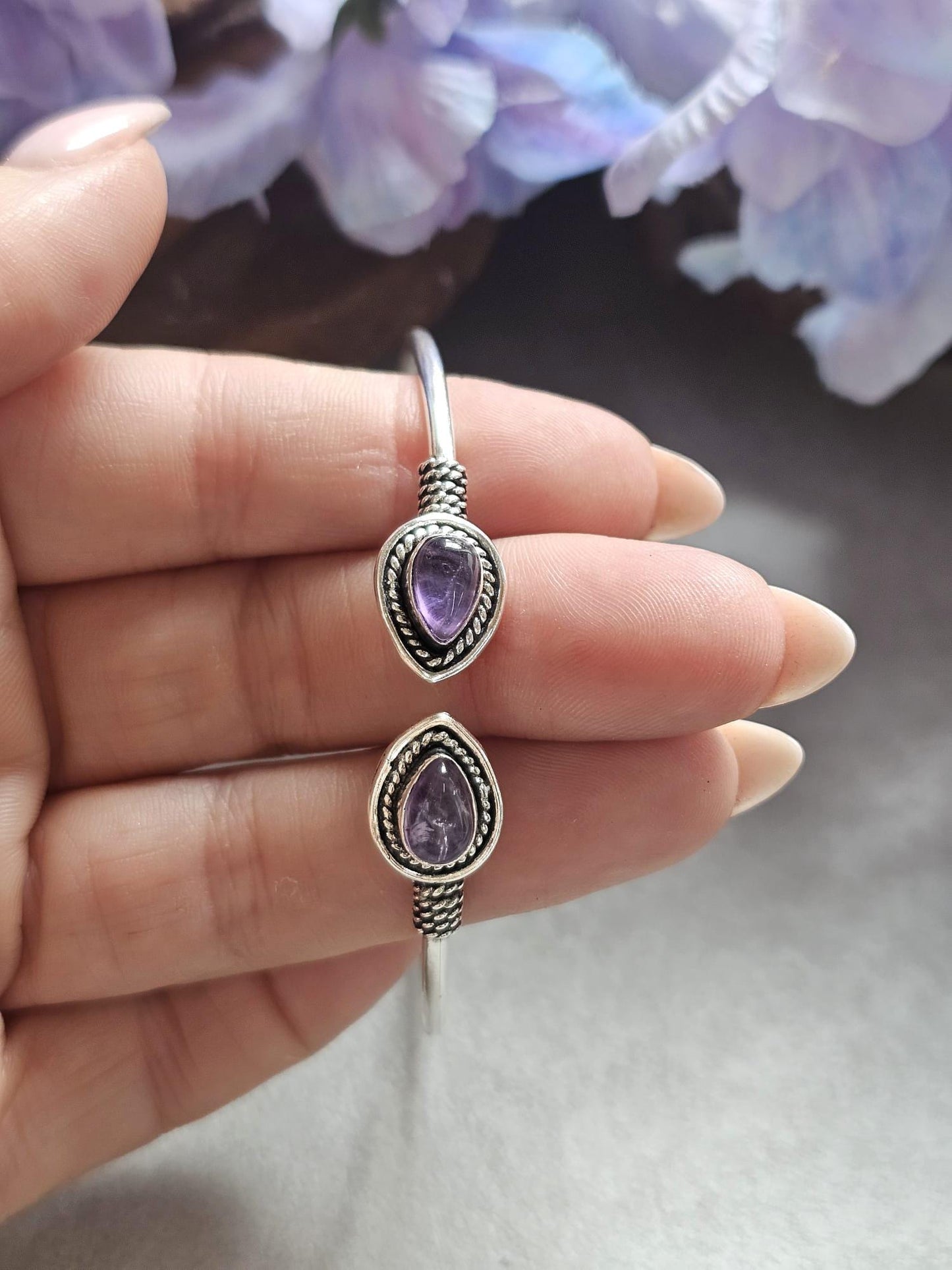 Silver Plated Purple Teardrop Bracelet, Minimalist Open Cuff Bracelet, Bridesmaid Gift, Wedding Jewellery, Adjustable Bangle for Women