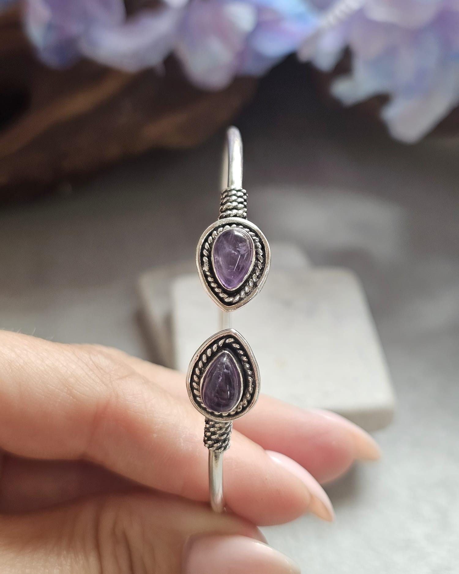 Silver Plated Purple Teardrop Bracelet, Minimalist Open Cuff Bracelet, Bridesmaid Gift, Wedding Jewellery, Adjustable Bangle for Women