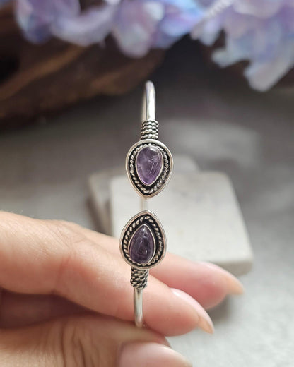 Silver Plated Purple Teardrop Bracelet, Minimalist Open Cuff Bracelet, Bridesmaid Gift, Wedding Jewellery, Adjustable Bangle for Women