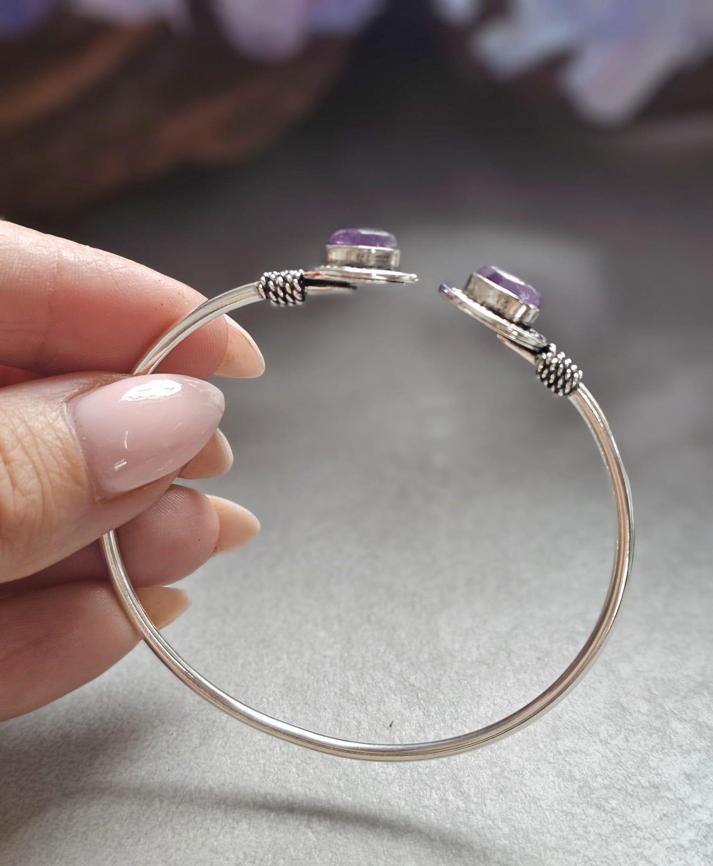 Silver Plated Purple Teardrop Bracelet, Minimalist Open Cuff Bracelet, Bridesmaid Gift, Wedding Jewellery, Adjustable Bangle for Women