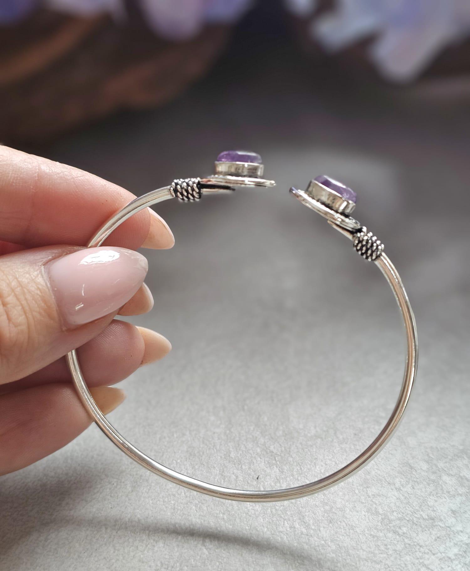 Silver Plated Purple Teardrop Bracelet, Minimalist Open Cuff Bracelet, Bridesmaid Gift, Wedding Jewellery, Adjustable Bangle for Women