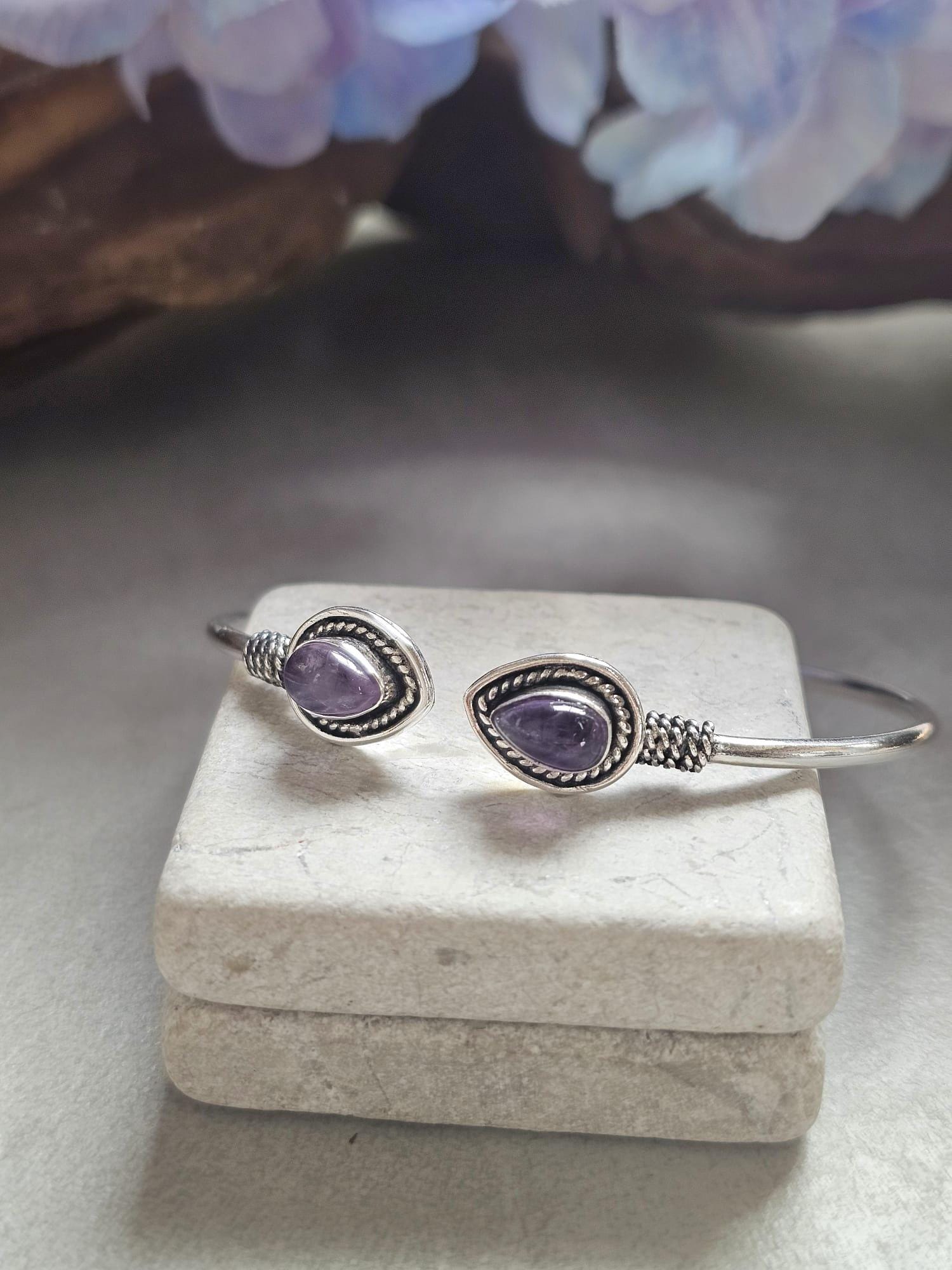 Silver Plated Purple Teardrop Bracelet, Minimalist Open Cuff Bracelet, Bridesmaid Gift, Wedding Jewellery, Adjustable Bangle for Women
