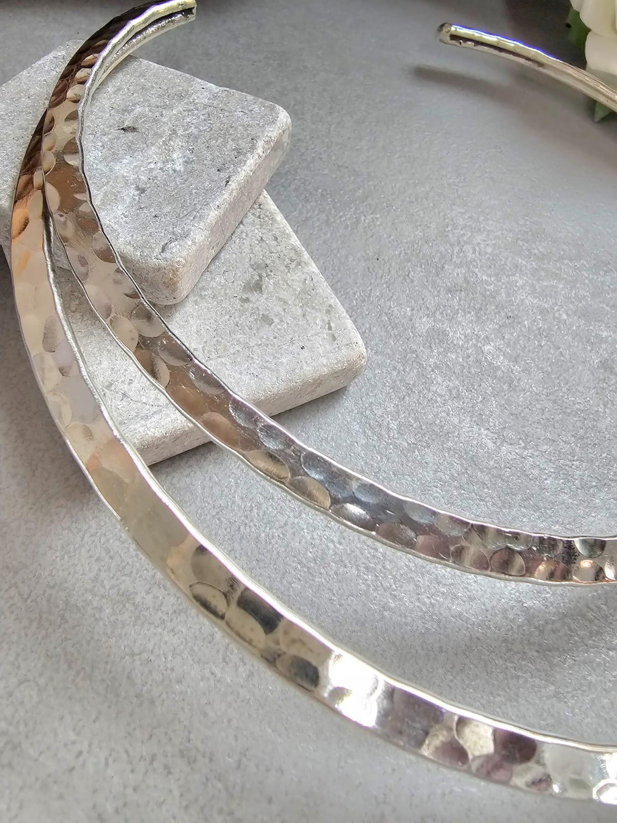 Hammered Silver Plated Choker Necklace, Layered Statement Collar, Modern Boho Jewellery