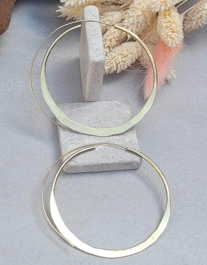 Raw Brass Hammered Hoop Earrings, Lightweight Minimalist Hoops, Large Everyday Earrings, Boho Jewellery, Statement Earrings, Gift for Her