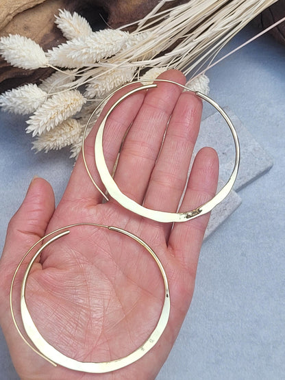 Raw Brass Hammered Hoop Earrings, Lightweight Minimalist Hoops, Large Everyday Earrings, Boho Jewellery, Statement Earrings, Gift for Her