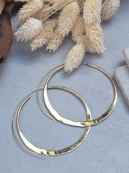 Raw Brass Hammered Hoop Earrings, Lightweight Minimalist Hoops, Large Everyday Earrings, Boho Jewellery, Statement Earrings, Gift for Her