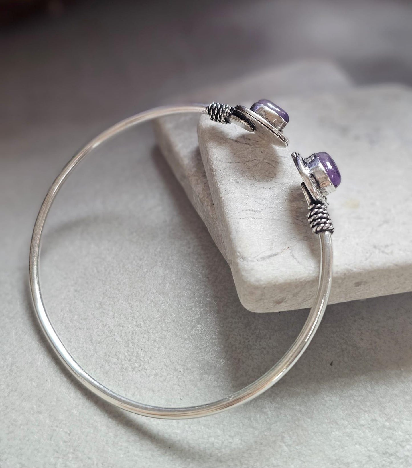Silver Plated Purple Teardrop Bracelet, Minimalist Open Cuff Bracelet, Bridesmaid Gift, Wedding Jewellery, Adjustable Bangle for Women