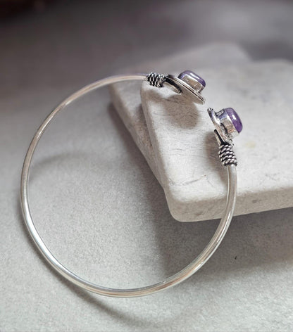 Silver Plated Purple Teardrop Bracelet, Minimalist Open Cuff Bracelet, Bridesmaid Gift, Wedding Jewellery, Adjustable Bangle for Women