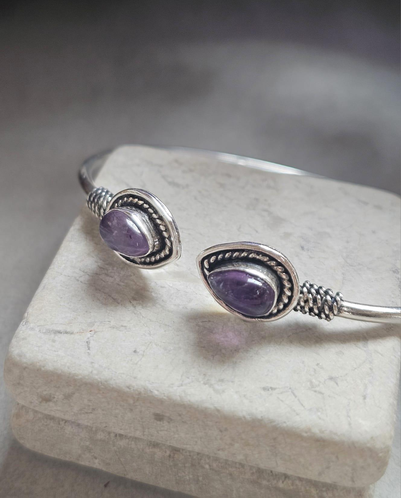 Silver Plated Purple Teardrop Bracelet, Minimalist Open Cuff Bracelet, Bridesmaid Gift, Wedding Jewellery, Adjustable Bangle for Women