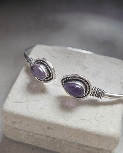 Silver Plated Purple Teardrop Bracelet, Minimalist Open Cuff Bracelet, Bridesmaid Gift, Wedding Jewellery, Adjustable Bangle for Women