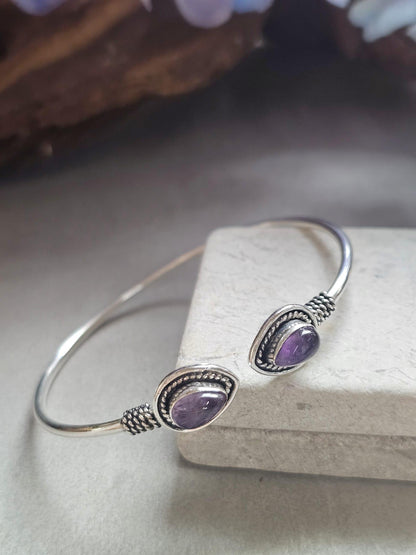 Silver Plated Purple Teardrop Bracelet, Minimalist Open Cuff Bracelet, Bridesmaid Gift, Wedding Jewellery, Adjustable Bangle for Women