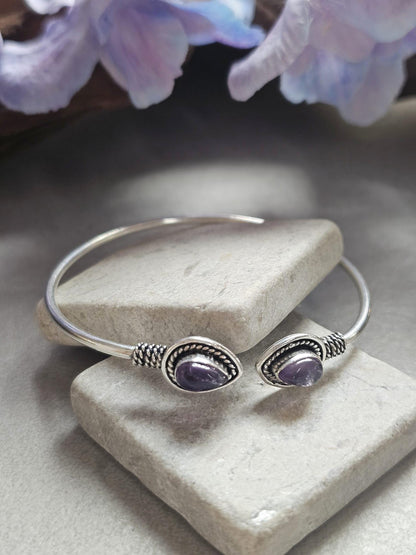 Silver Plated Purple Teardrop Bracelet, Minimalist Open Cuff Bracelet, Bridesmaid Gift, Wedding Jewellery, Adjustable Bangle for Women