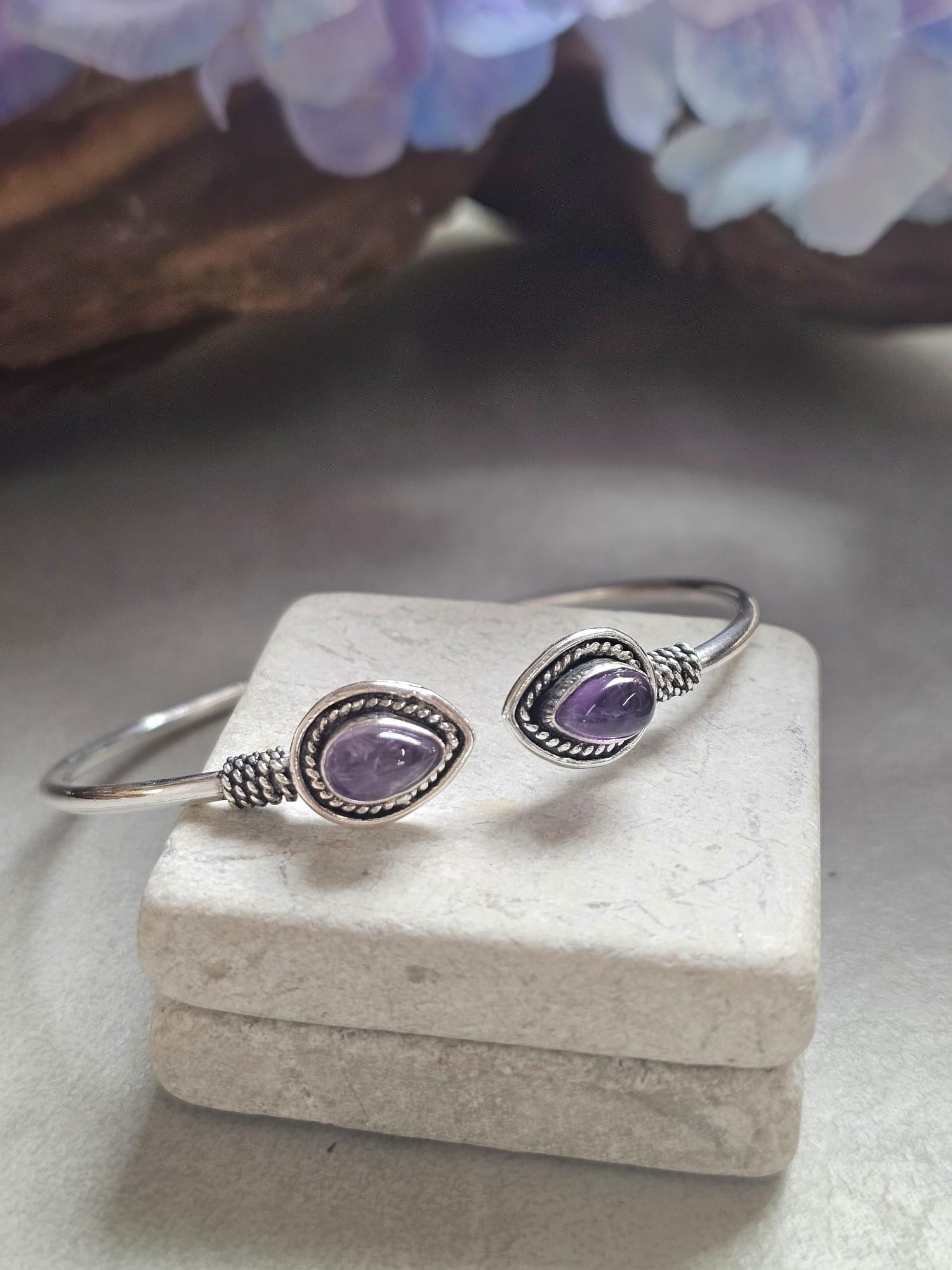 Silver Plated Purple Teardrop Bracelet, Minimalist Open Cuff Bracelet, Bridesmaid Gift, Wedding Jewellery, Adjustable Bangle for Women