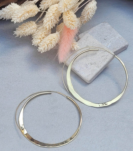 Raw Brass Hammered Hoop Earrings, Lightweight Minimalist Hoops, Large Everyday Earrings, Boho Jewellery, Statement Earrings, Gift for Her