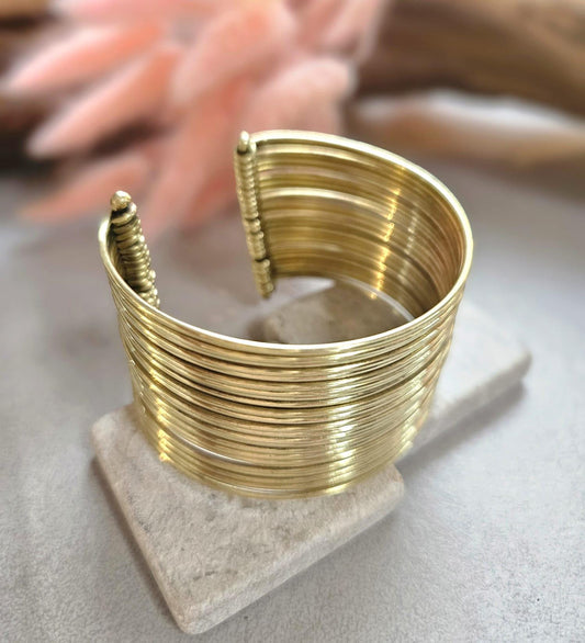 Brass Cuff Bracelet, Multi Strand Bracelet, Boho Statement Cuff, Minimalist Gold Bracelet, Layered Wire Cuff, Wide Bangle, Gift for Her