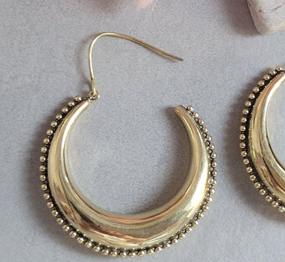 Raw Brass Hoop Earrings 5.5cm | Detailed Beaded Edge Hoops | Large Gold Hoops | Boho Statement Earrings | Bohemian Jewellery