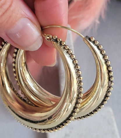 Raw Brass Hoop Earrings 5.5cm | Detailed Beaded Edge Hoops | Large Gold Hoops | Boho Statement Earrings | Bohemian Jewellery