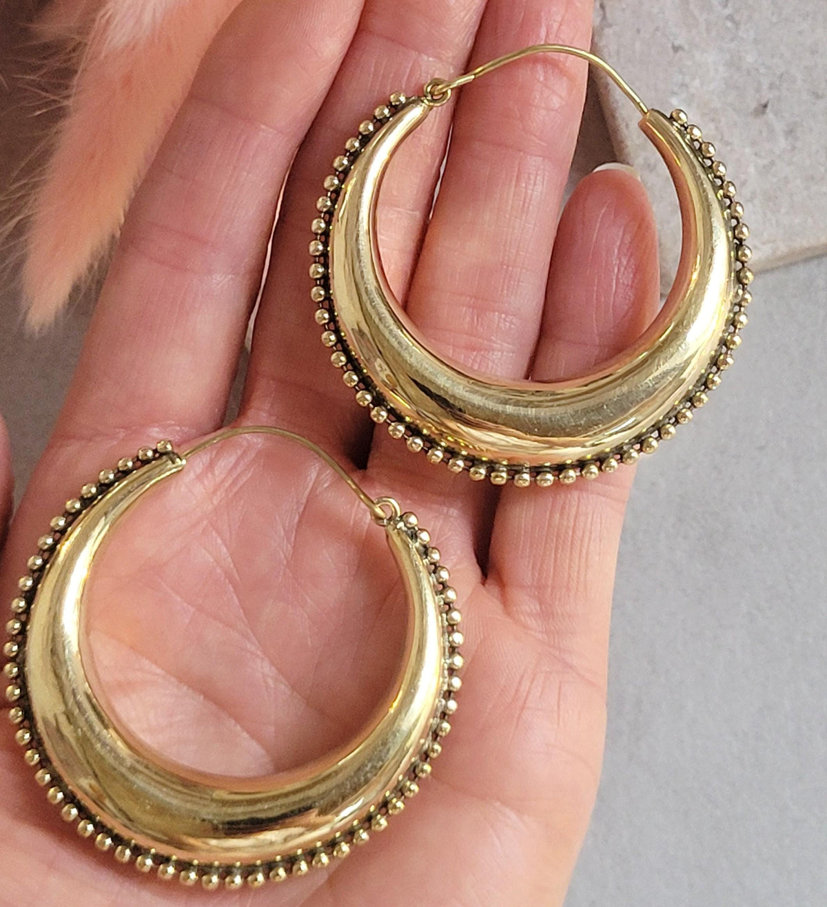 Raw Brass Hoop Earrings 5.5cm | Detailed Beaded Edge Hoops | Large Gold Hoops | Boho Statement Earrings | Bohemian Jewellery