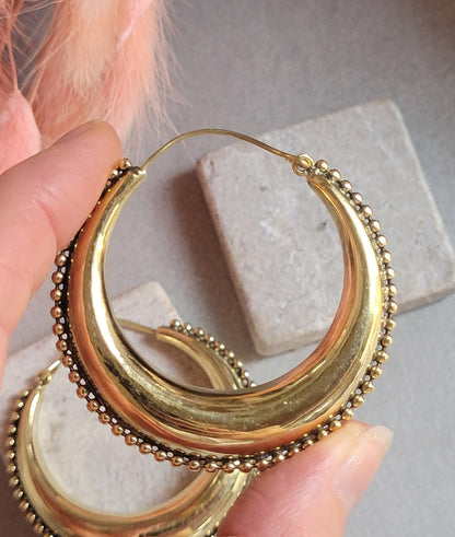 Raw Brass Hoop Earrings 5.5cm | Detailed Beaded Edge Hoops | Large Gold Hoops | Boho Statement Earrings | Bohemian Jewellery