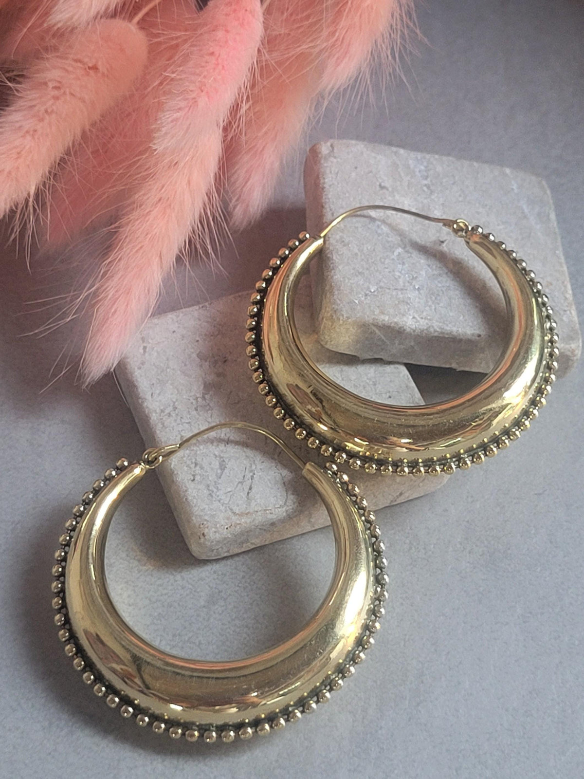 Raw Brass Hoop Earrings 5.5cm | Detailed Beaded Edge Hoops | Large Gold Hoops | Boho Statement Earrings | Bohemian Jewellery