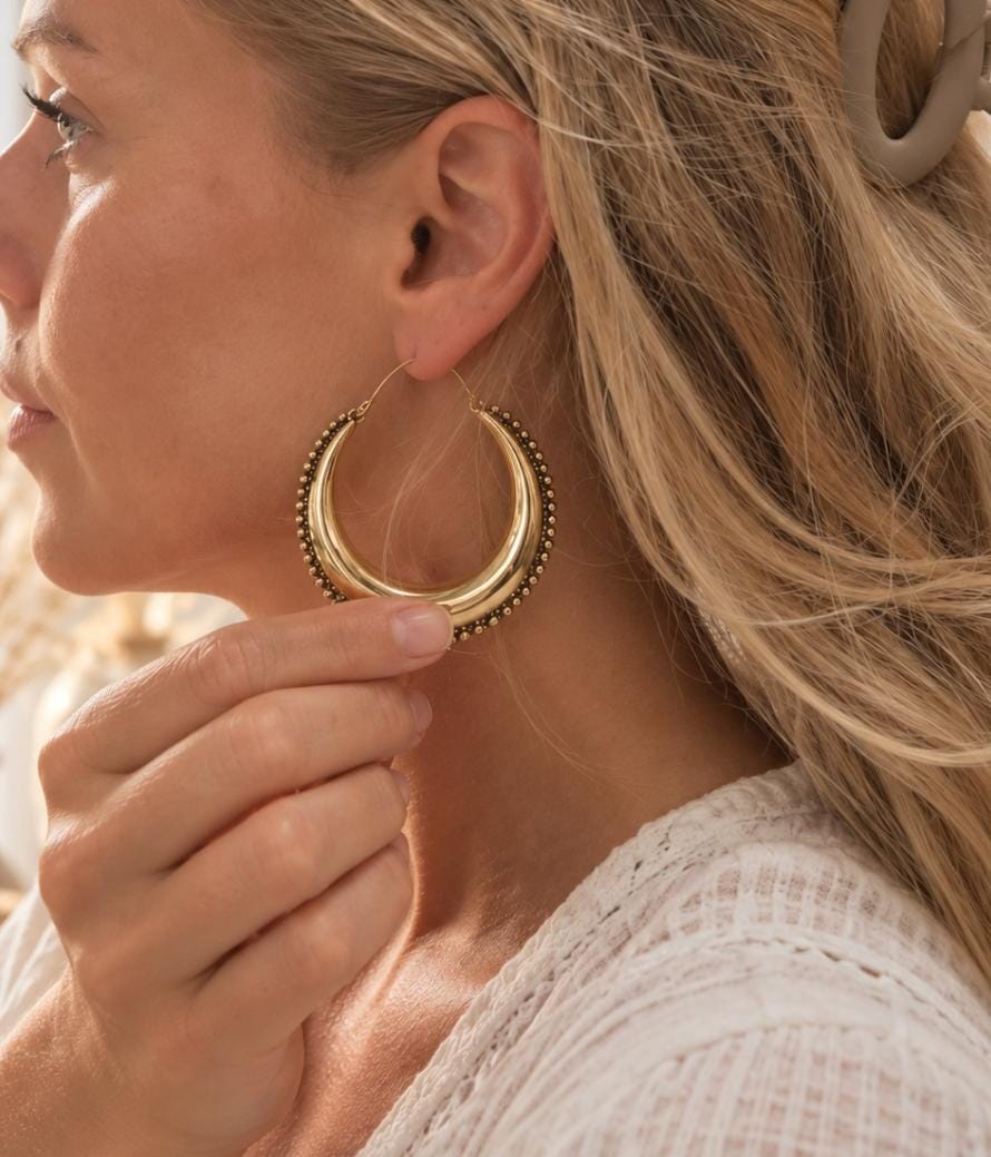 Raw Brass Hoop Earrings 5.5cm | Detailed Beaded Edge Hoops | Large Gold Hoops | Boho Statement Earrings | Bohemian Jewellery