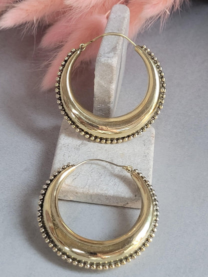 Raw Brass Hoop Earrings 5.5cm | Detailed Beaded Edge Hoops | Large Gold Hoops | Boho Statement Earrings | Bohemian Jewellery
