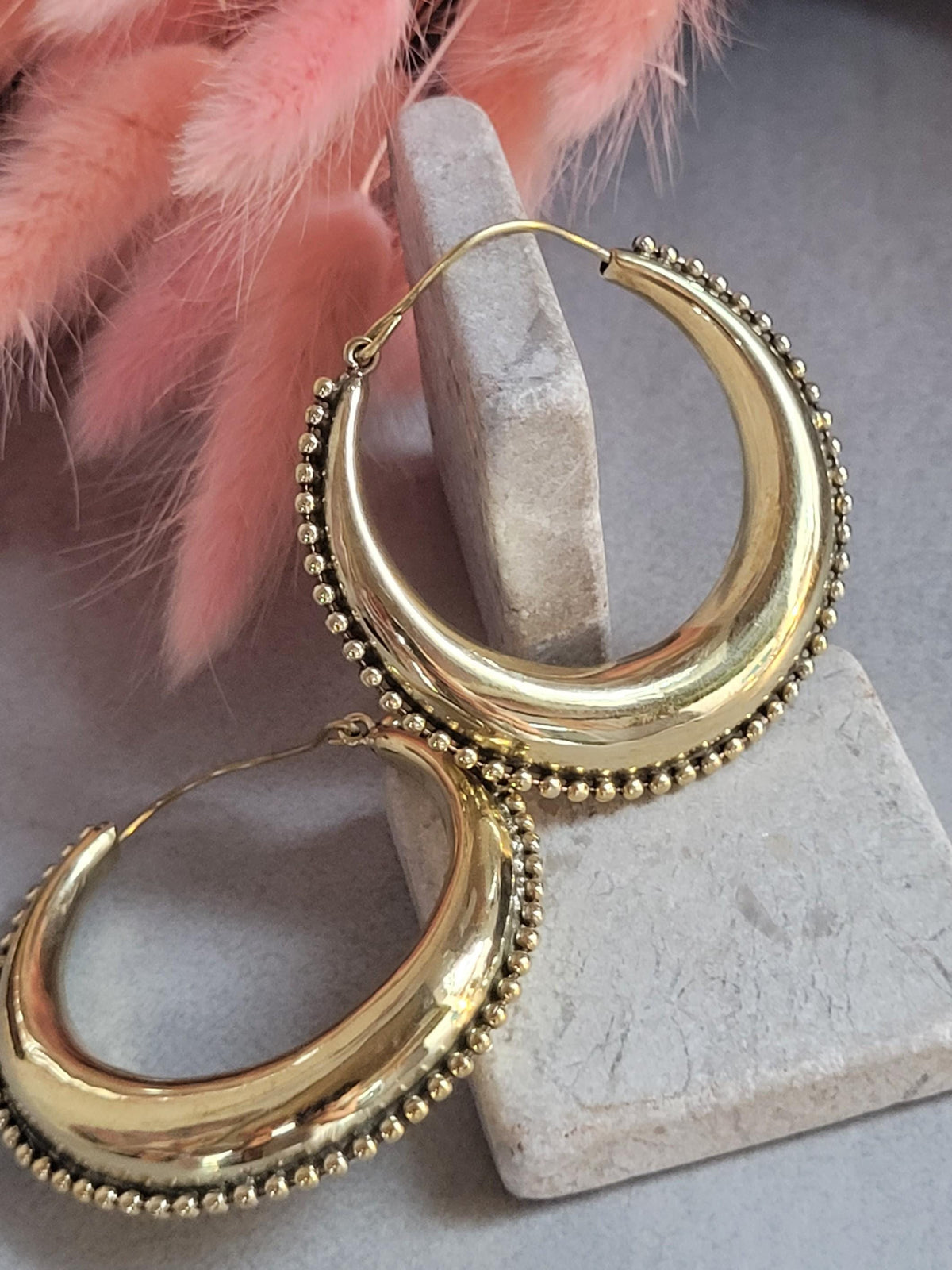 Raw Brass Hoop Earrings 5.5cm | Detailed Beaded Edge Hoops | Large Gold Hoops | Boho Statement Earrings | Bohemian Jewellery