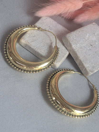 Raw Brass Hoop Earrings 5.5cm | Detailed Beaded Edge Hoops | Large Gold Hoops | Boho Statement Earrings | Bohemian Jewellery