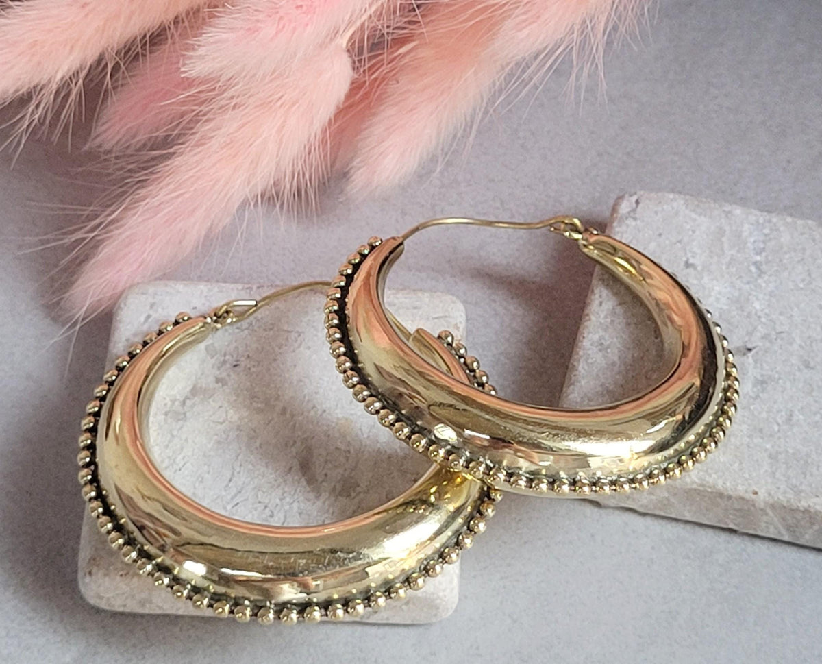 Raw Brass Hoop Earrings 5.5cm | Detailed Beaded Edge Hoops | Large Gold Hoops | Boho Statement Earrings | Bohemian Jewellery