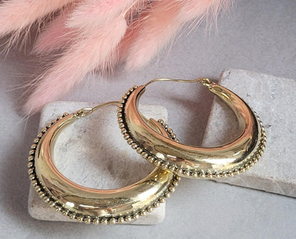 Raw Brass Hoop Earrings 5.5cm | Detailed Beaded Edge Hoops | Large Gold Hoops | Boho Statement Earrings | Bohemian Jewellery