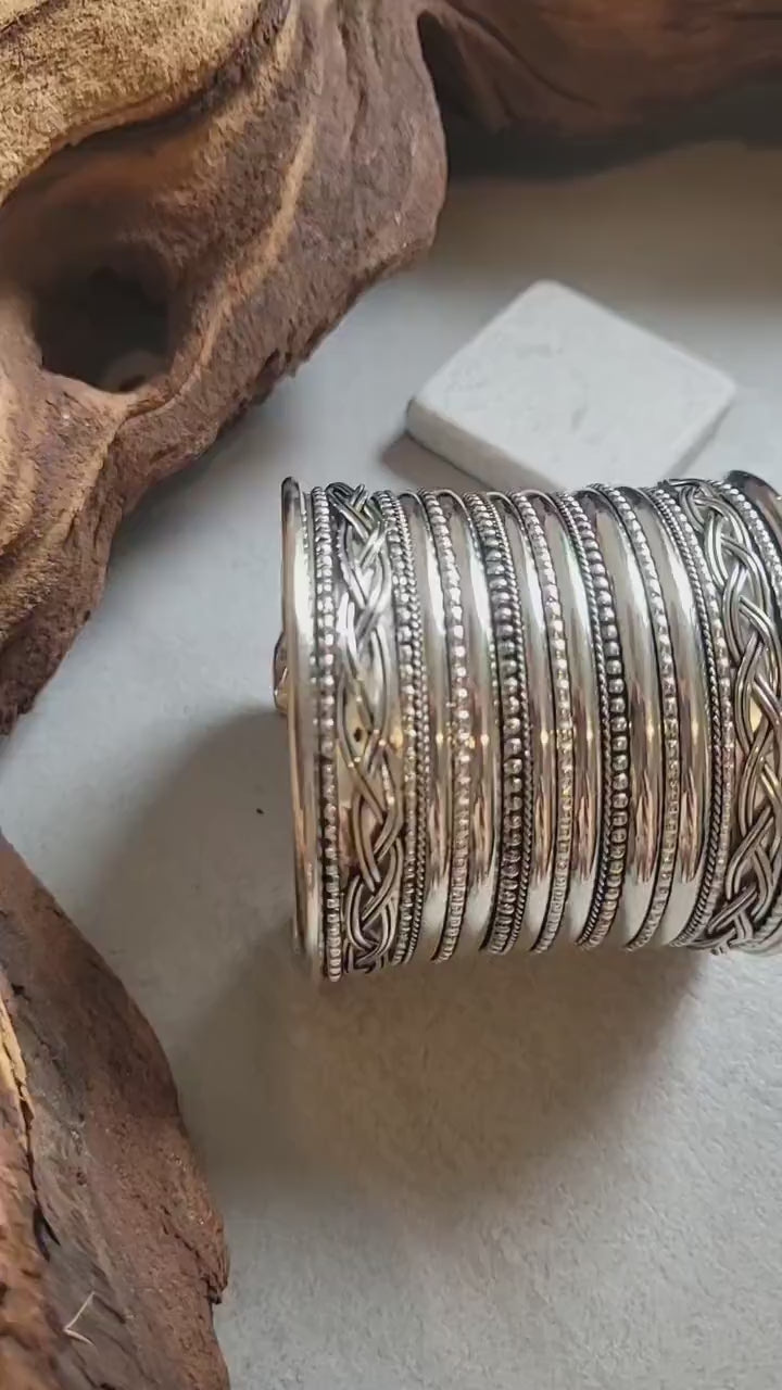 Silver Cuff Bracelet: Detailed Ethnic Bohemian Jewelry
