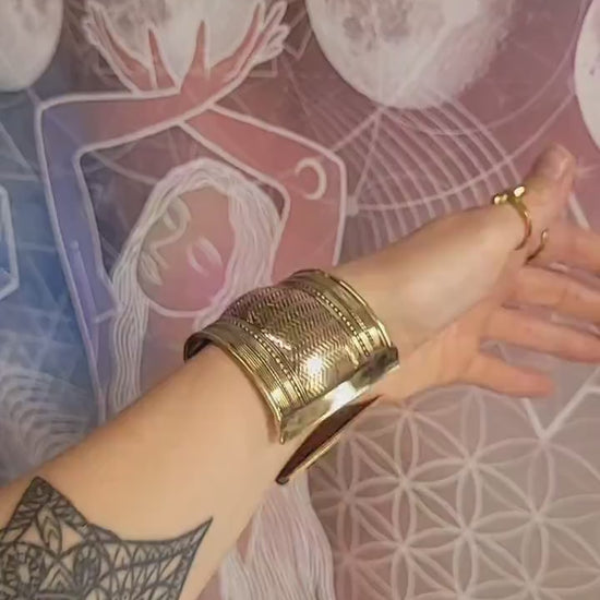 Large Gold Cuff Bracelet - Detailed Brass, Boho Ethnic Design