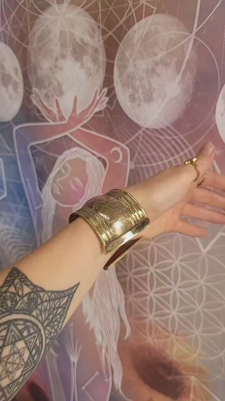 Large Gold Cuff Bracelet - Detailed Brass, Boho Ethnic Design