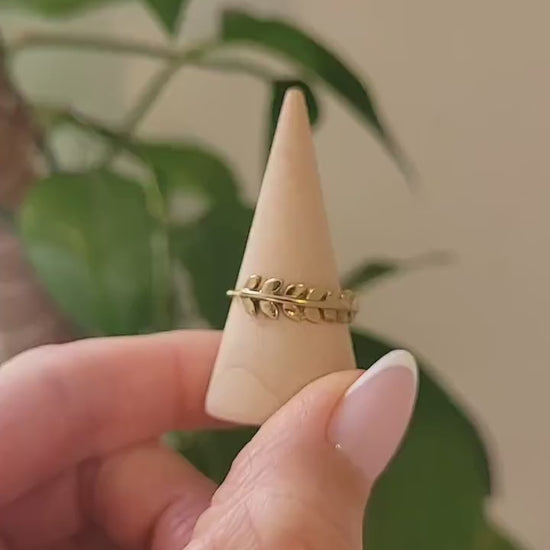 Gold Feather Ring: Minimalist Brass Leaf Jewelry