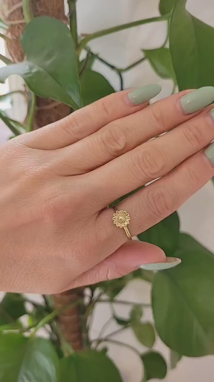 Brass Sunflower Ring: Dainty Floral Charm, Nickel-Free