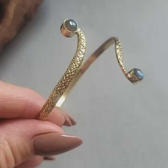 Brass Double Stone Cuff Bracelet: Elegant Minimalist Statement Jewelry