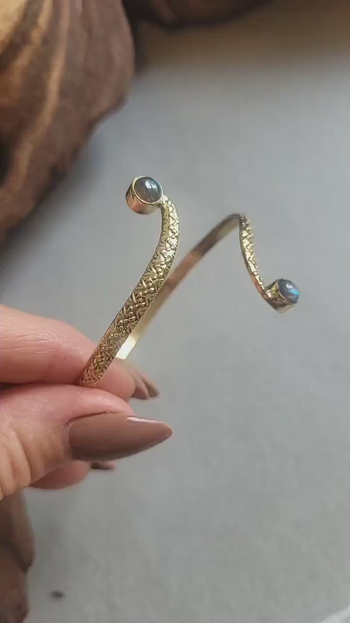 Brass Double Stone Cuff Bracelet: Elegant Minimalist Statement Jewelry