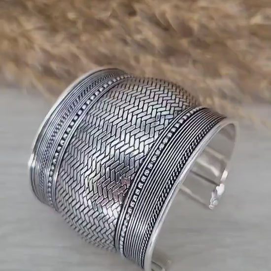 Detailed Silver Plated Cuff Bracelet: Adjustable Boho Statement Jewelry