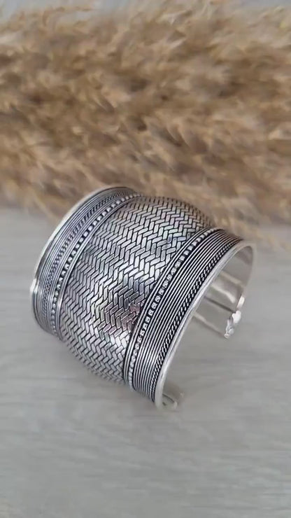 Detailed Silver Plated Cuff Bracelet: Adjustable Boho Statement Jewelry