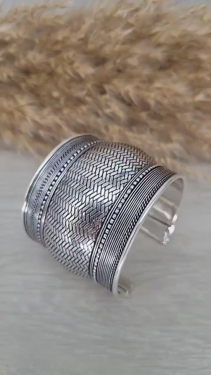 Detailed Silver Plated Cuff Bracelet: Adjustable Boho Statement Jewelry