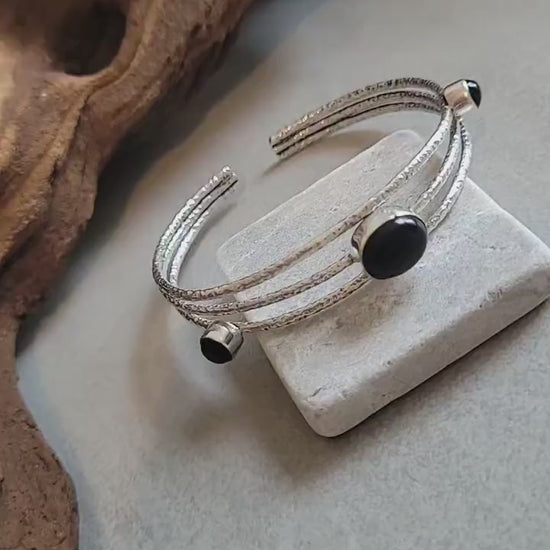 Hammered Silver Cuff Bracelet: Boho Ethnic Bangle with Stones