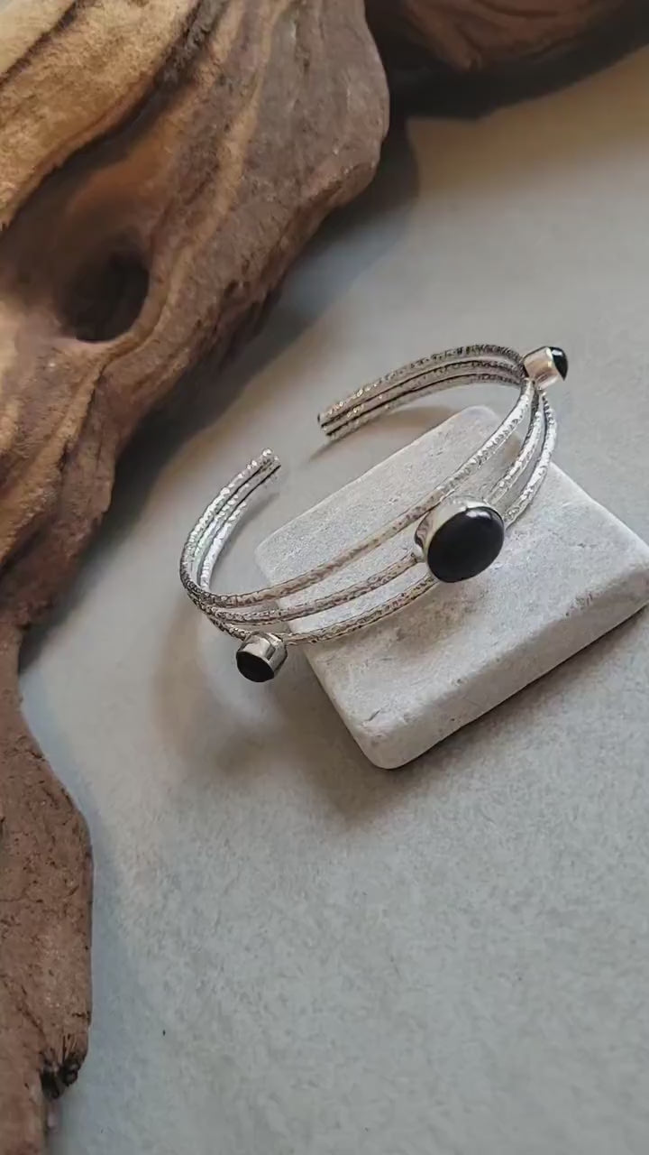 Hammered Silver Cuff Bracelet: Boho Ethnic Bangle with Stones