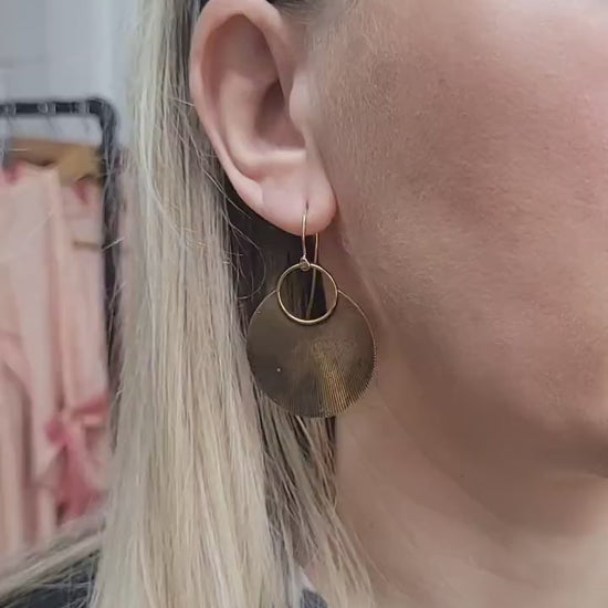 Raw Brass Oval Disc Earrings | Textured Bohemian Dangle Jewelry